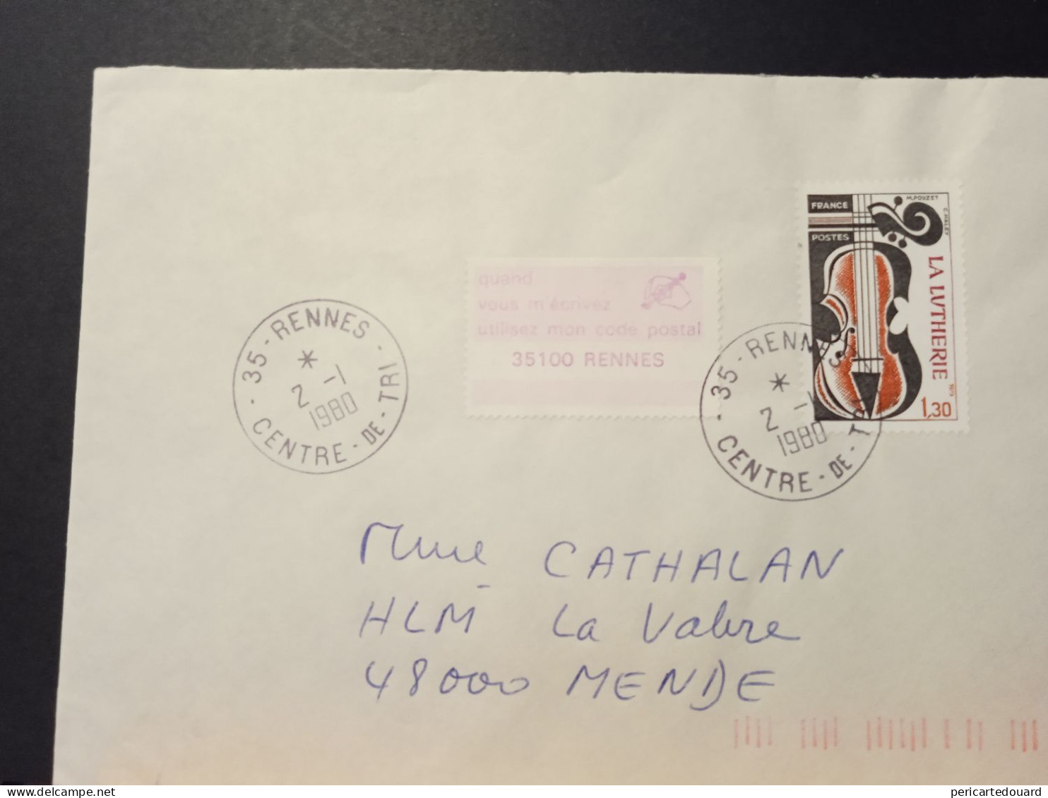 Code Postal. Lettre Circulée Avec "La Lutherie" 2072 Et Vignette 35100 RENNES - Lettere