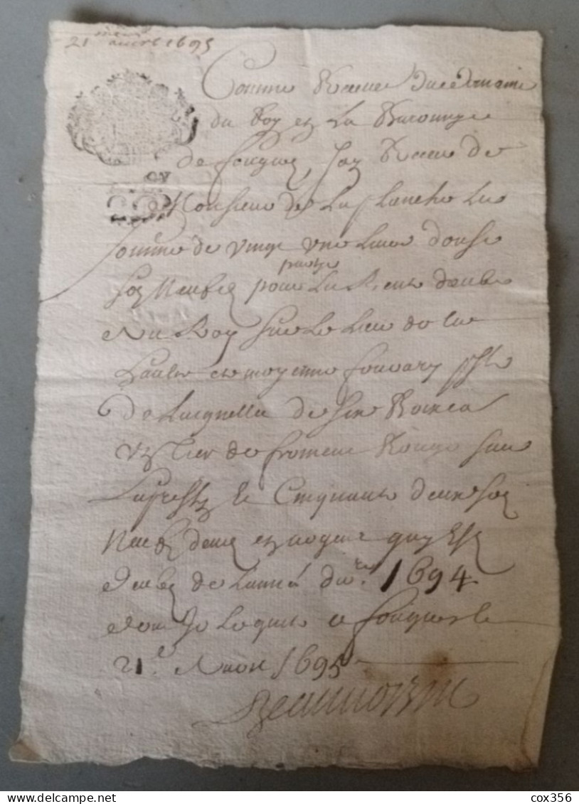 VIEUX PAPIERS Cachets BRETAGNE 1695 . Signer - Cachets Généralité