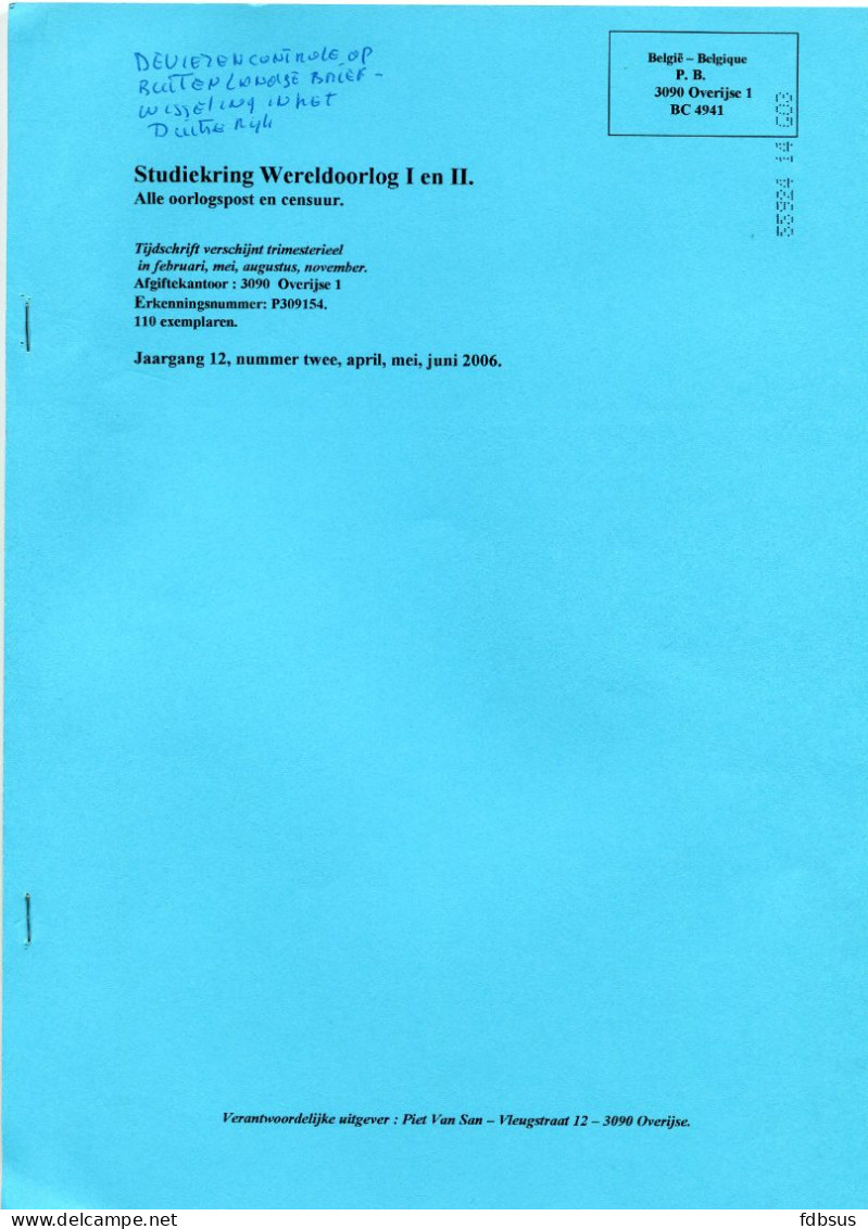 2006 Studiekring Wereldoorlog I En II - Gerard Greindl Bij SAAF - Deviezencontrole En Andere Thema's - Militaire Post & Postgeschiedenis