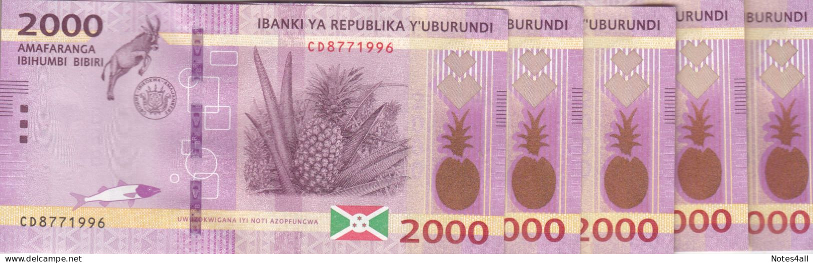 BURUNDI 2000 FRANCS 2018 P 52 Lot X5 UNC Notes - Burundi