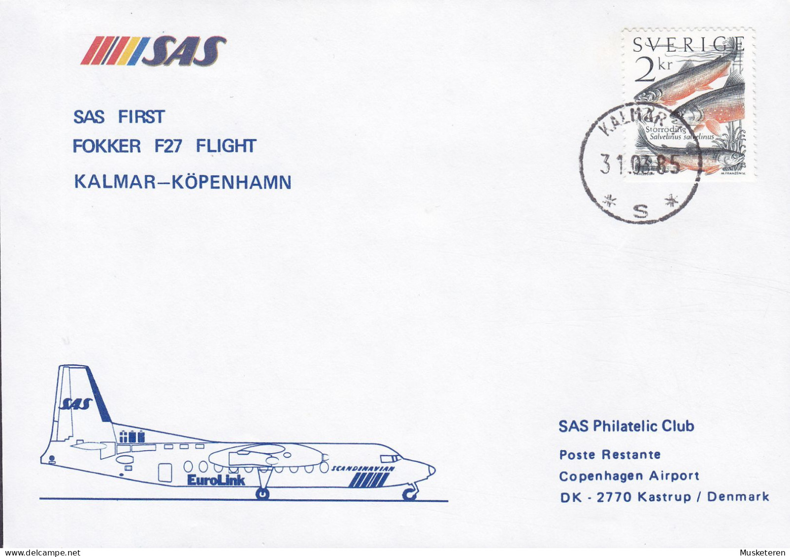 Sweden First SAS Fokker F27 Flight KALMAR-KÖPENHAMN 1985 Cover Brief Lettre Fish Fisch Poisson Stamp - Lettres & Documents