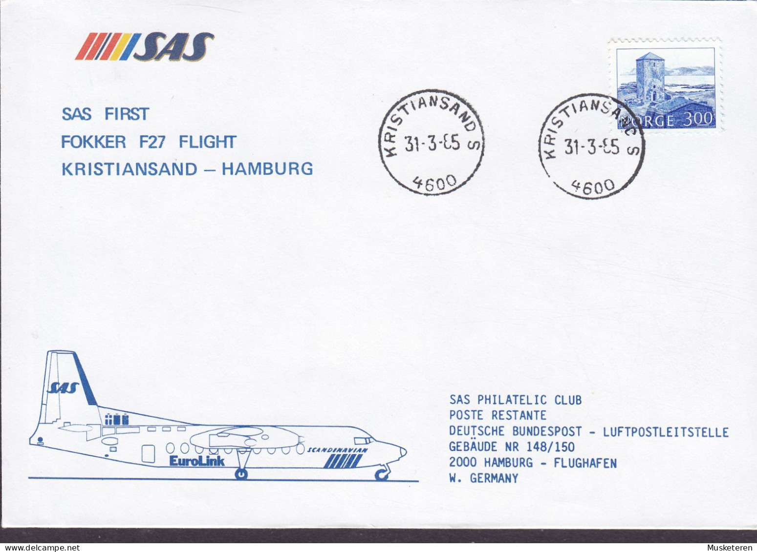 Norway SAS First Fokker F27 Flight KRISTIANSAND-HAMBURG 1985 Cover Brief Lettre Kloster Selje, Selja Stamp - Storia Postale