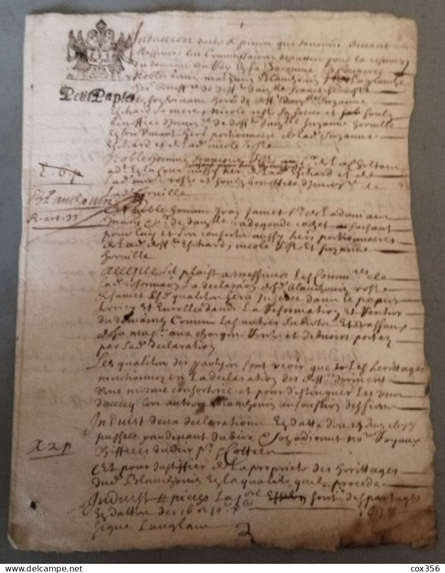 VIEUX PAPIERS Cachets BRETAGNE 1638 . Signer BLANGOUIN - Cachets Généralité