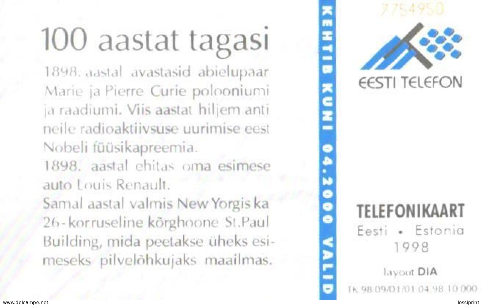 Estonia:Used Phonecard, Eesti Telefon, 100 EEK, 100 Years Ago, Marie And Pierre Curie, Car, 1998 - Estonie