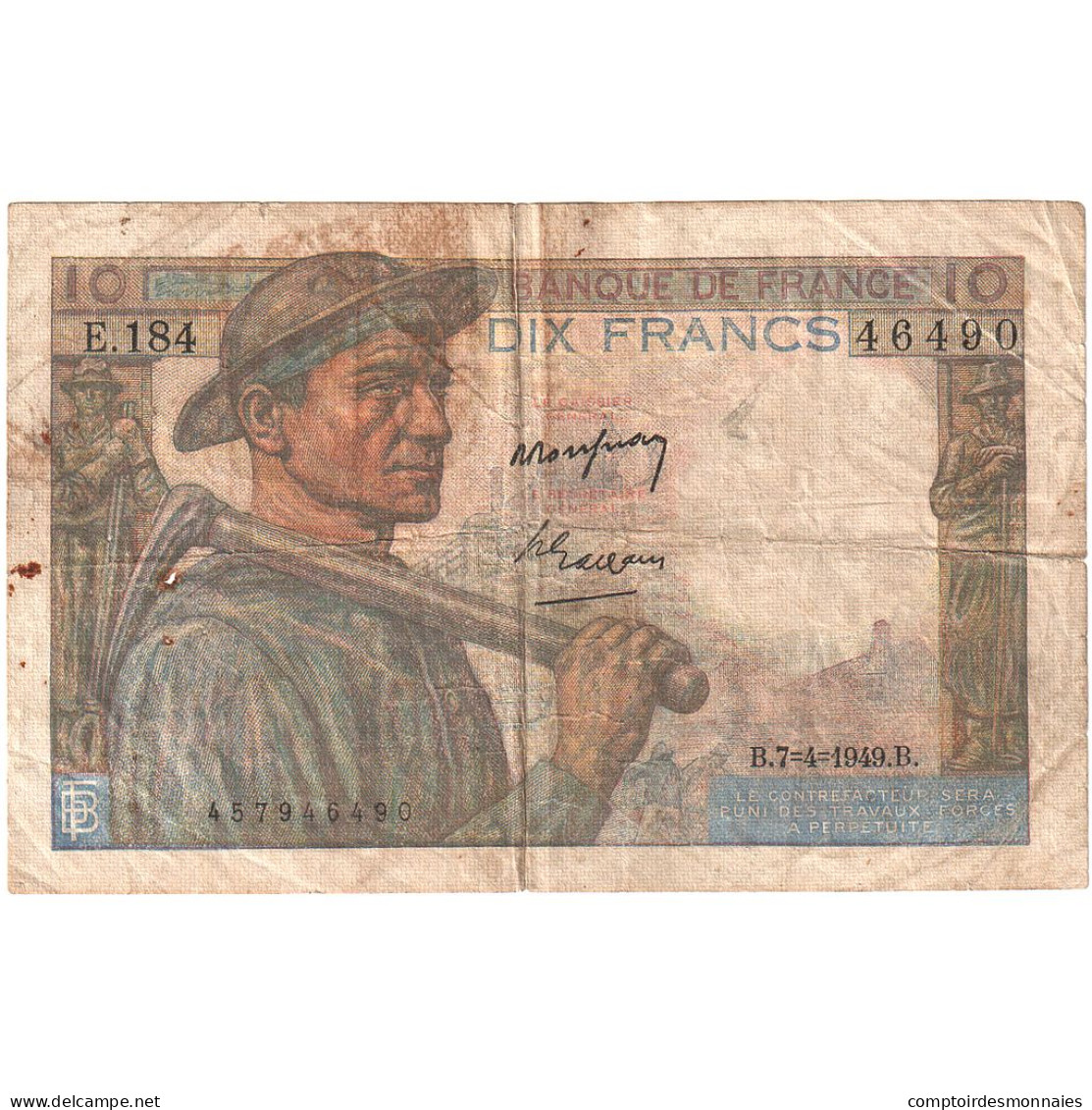 France, 10 Francs, Mineur, E.184, B+, Fayette:8.21, KM:99f - 10 F 1941-1949 ''Mineur''