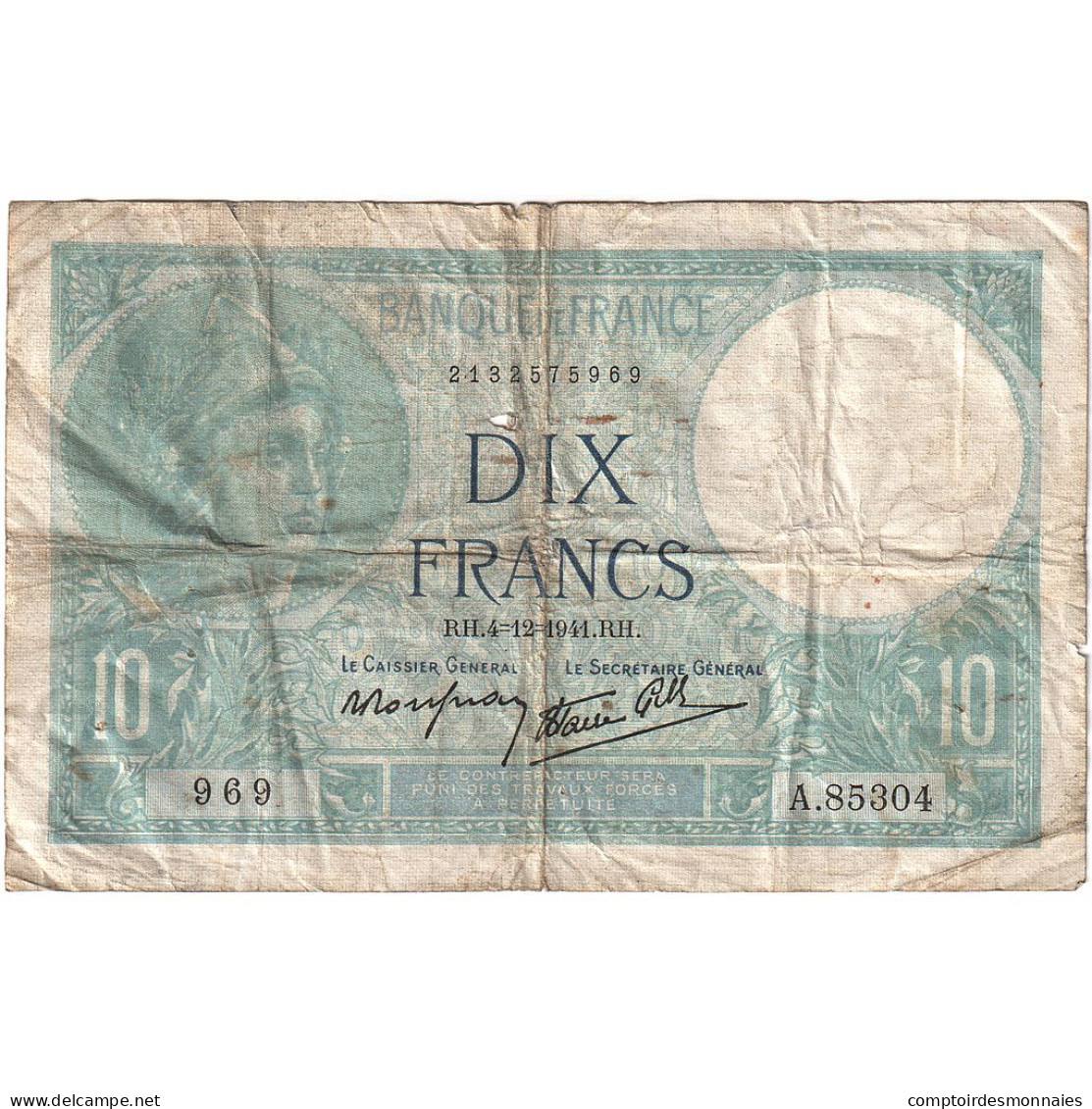 France, 10 Francs, Minerve, 1941, A.85304, TB, Fayette:07.30, KM:84 - 10 F 1916-1942 ''Minerve''
