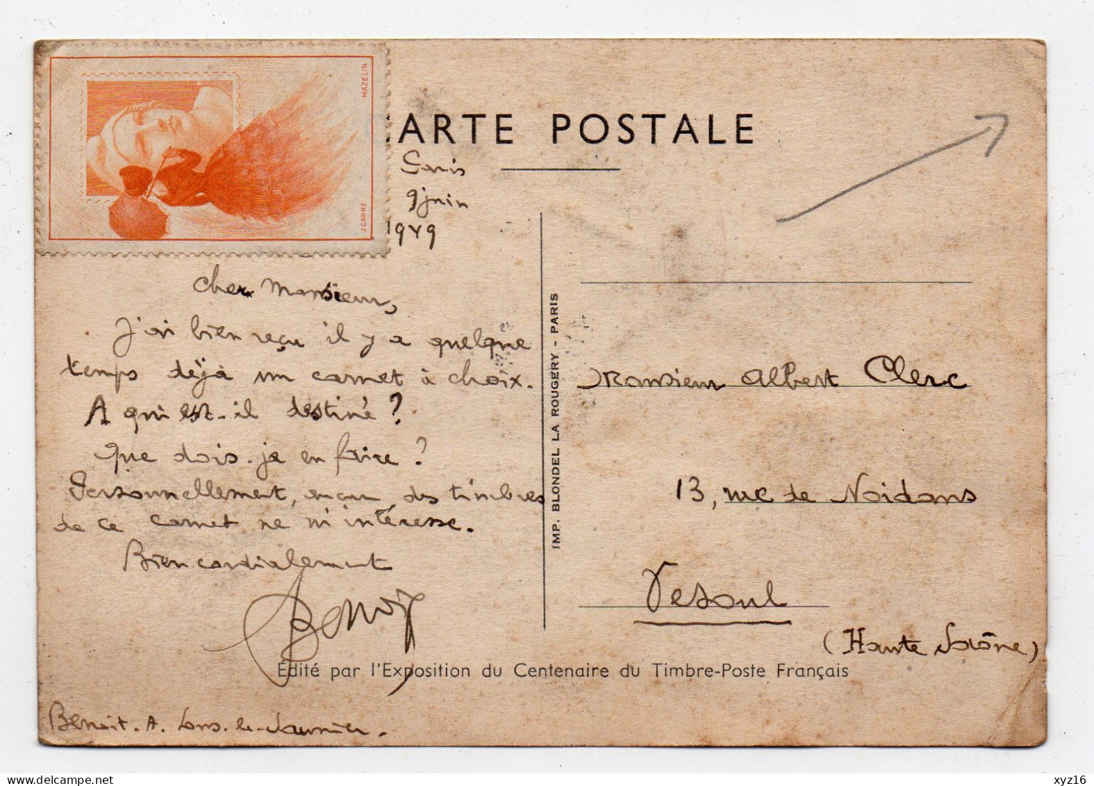 FRANCE - PARIS - 1949 - CARTE POSTALE DU CENTENAIRE DU TIMBRE POSTE FRANCAIS - ....-1949