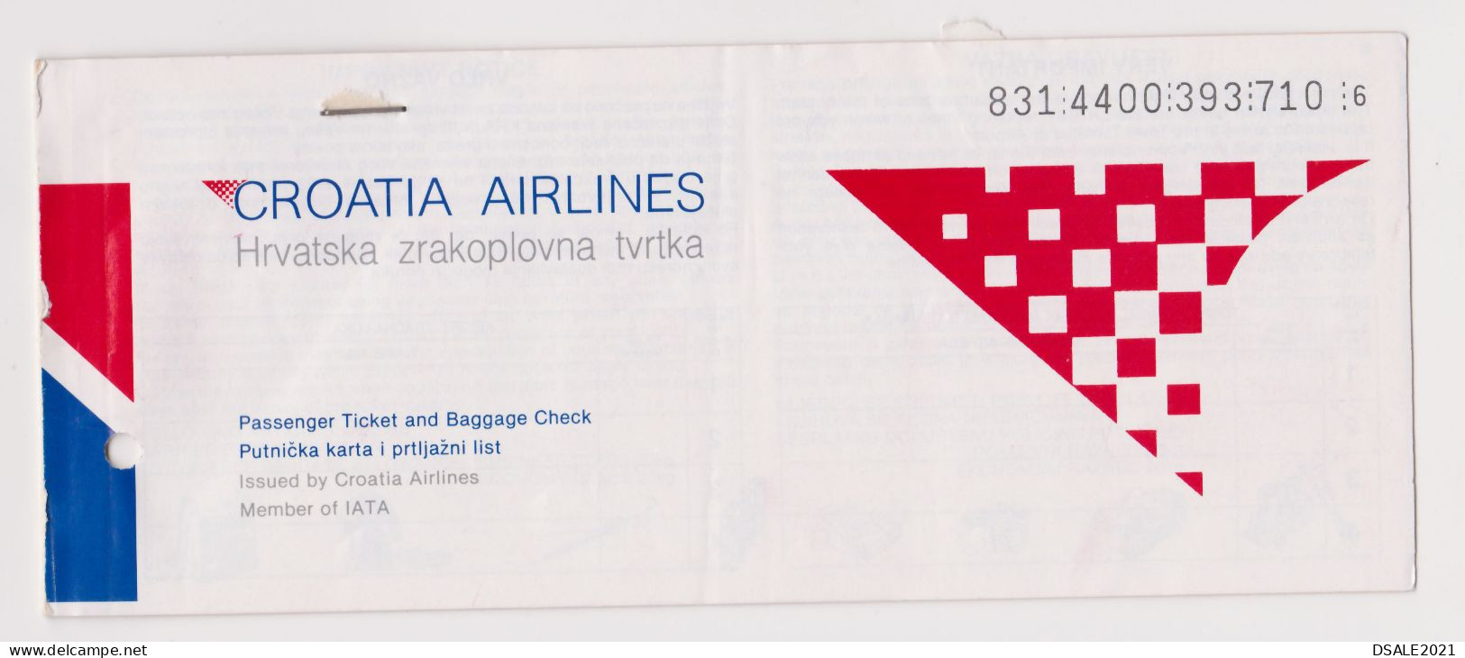 CROATIA AIRLINES, Croatian Airline Carrier Passenger Ticket And Baggage Check Used (66002) - Billetes
