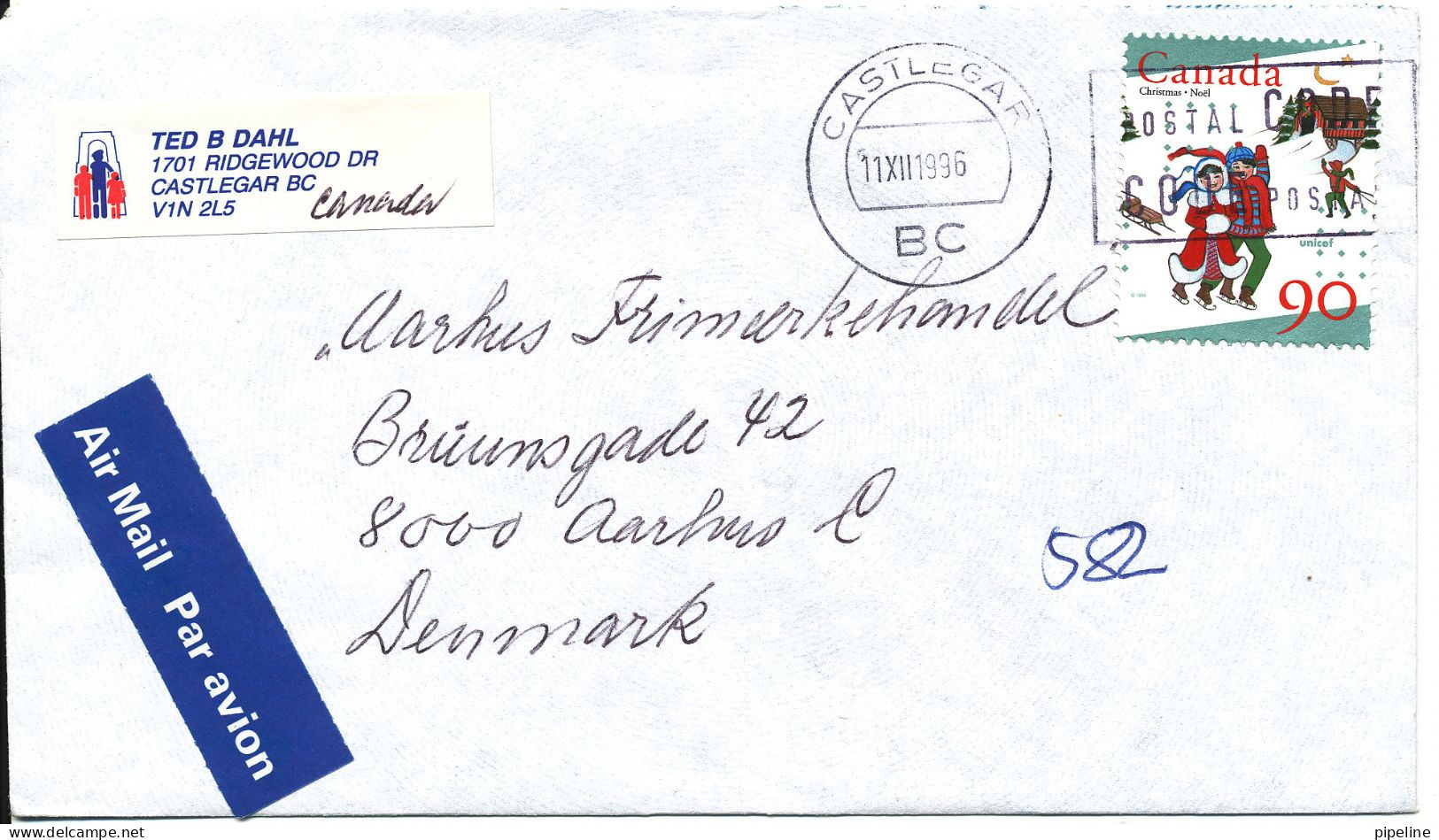 Canada Cover Sent To Denmark Castlegar BC 11-12-1996 Single Christmas Stamp - Briefe U. Dokumente