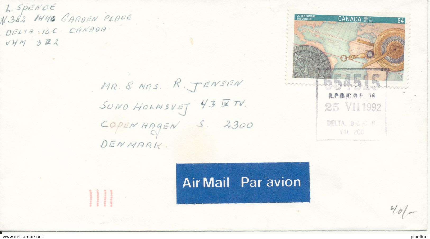 Canada Cover Sent To Denmark Delta 25-7-1992 Single Franked - Lettres & Documents