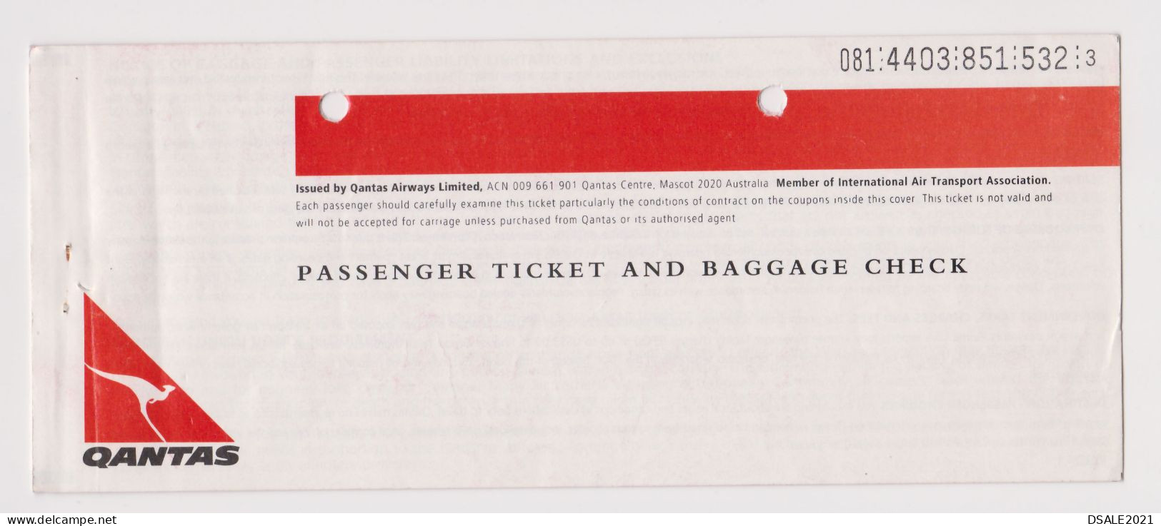 QANTAS, Australia Australian Airline Carrier Passenger Ticket And Baggage Check Used (65996) - Biglietti