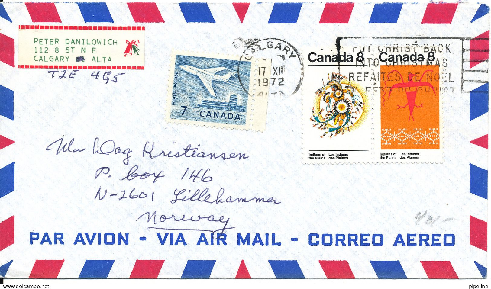 Canada Air Mail Cover Sent To Norway Calgary 17-12-1972 - Luchtpost