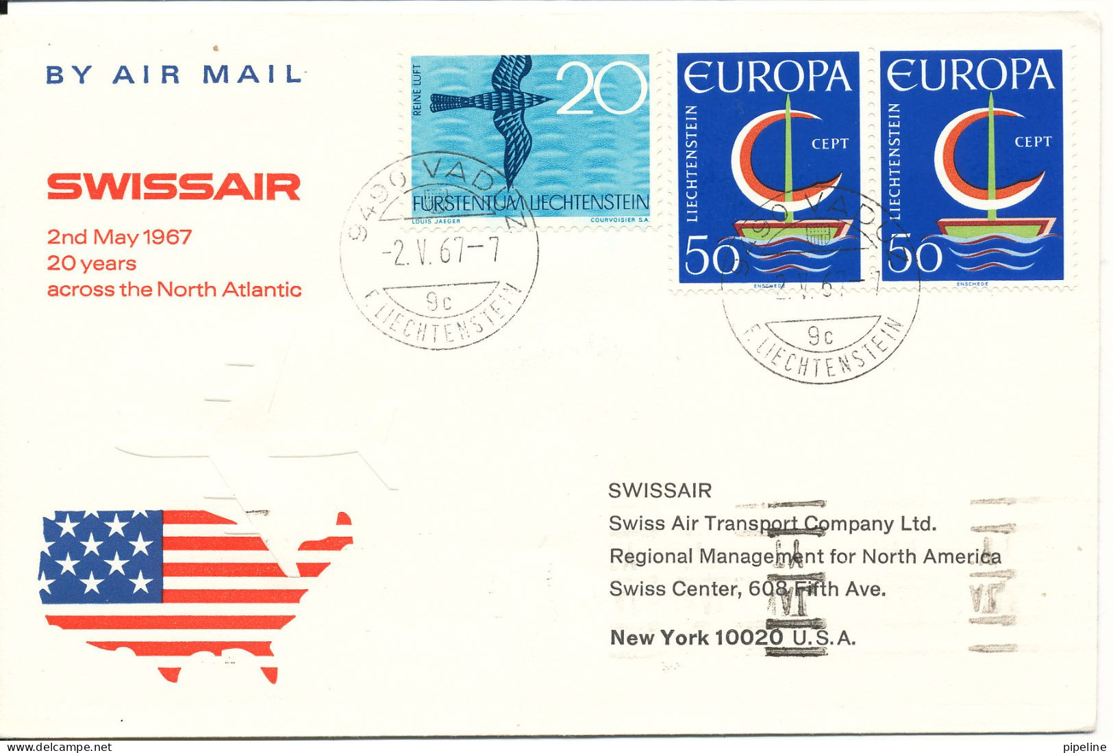 Liechtenstein Swissair 20 Years Anniversary Across The North Atlantic 2-5-1967 - Briefe U. Dokumente