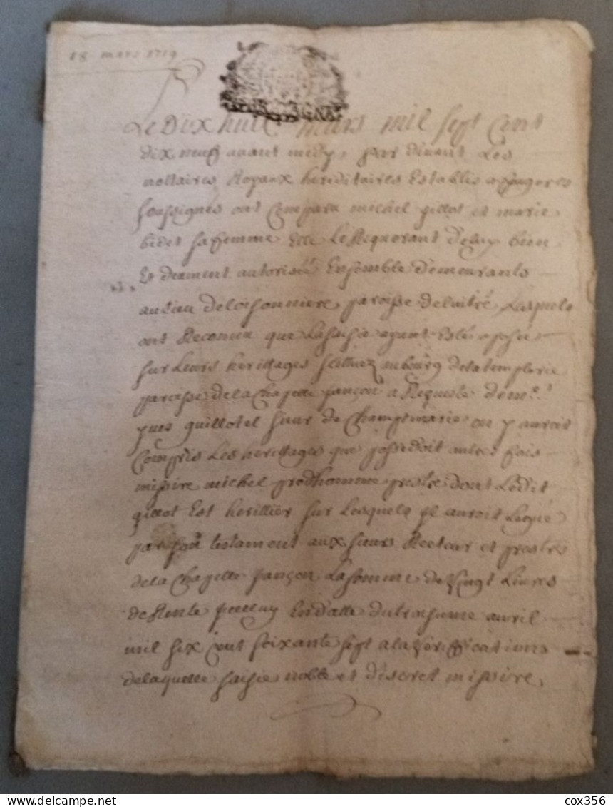 VIEUX PAPIERS Cachets BRETAGNE 1638 . Signer LEMOINE Note ROYAL - Cachets Généralité