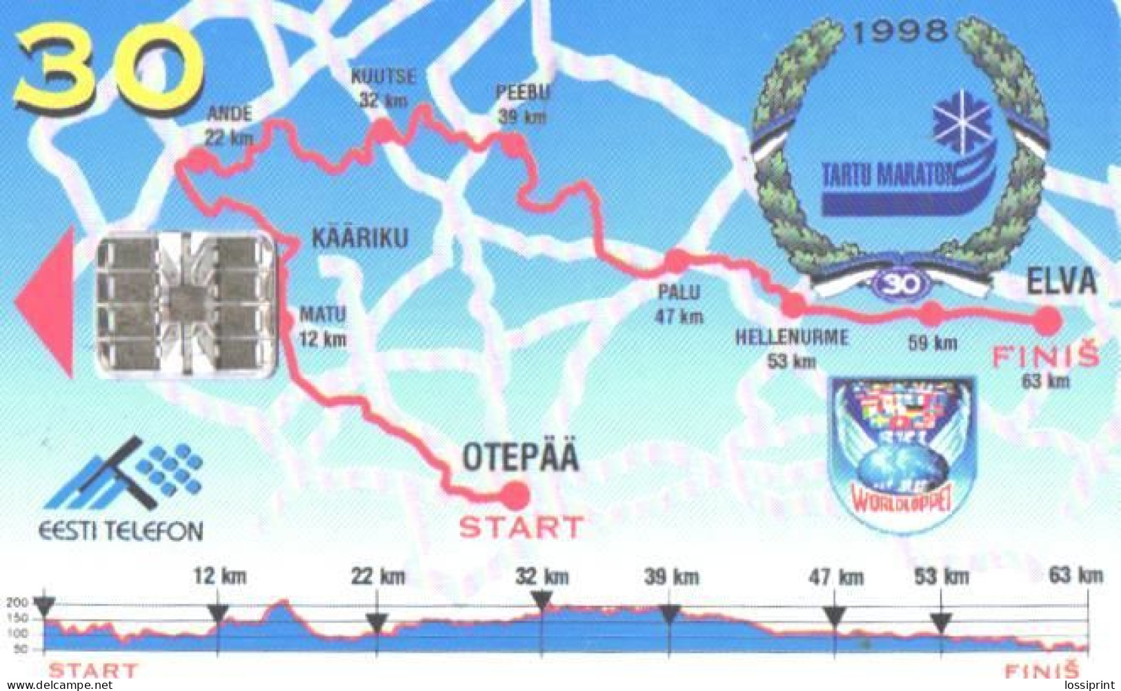 Estonia:Used Phonecard, Eesti Telefon, 30 EEK, Tartu Marathon, Skiing Competition, 1998 - Deportes