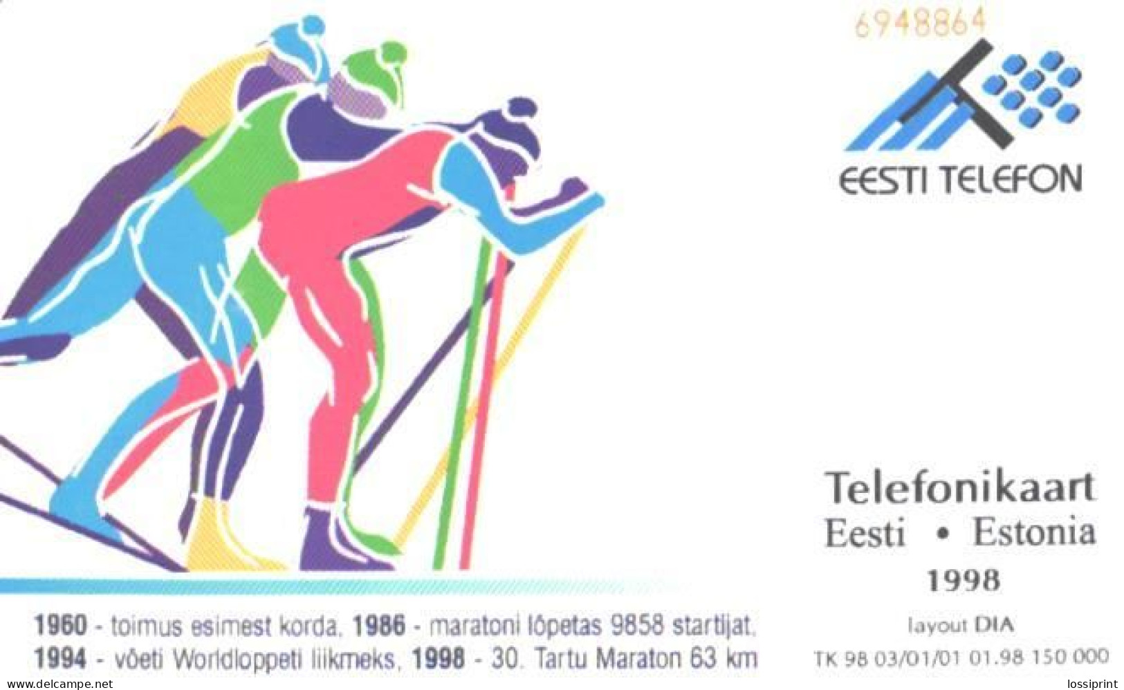 Estonia:Used Phonecard, Eesti Telefon, 30 EEK, Tartu Marathon, Skiing Competition, 1998 - Deportes