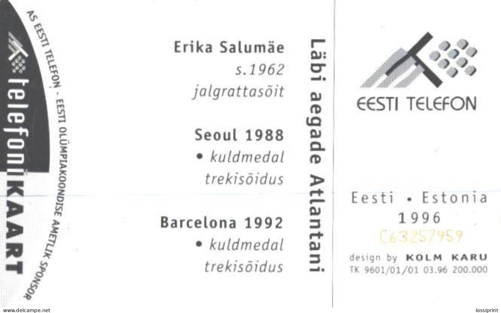 Estonia:Used Phonecard, Eesti Telefon, 30 EEK, Atlanta Olympic Games 1996, Erika Salumäe - Sport