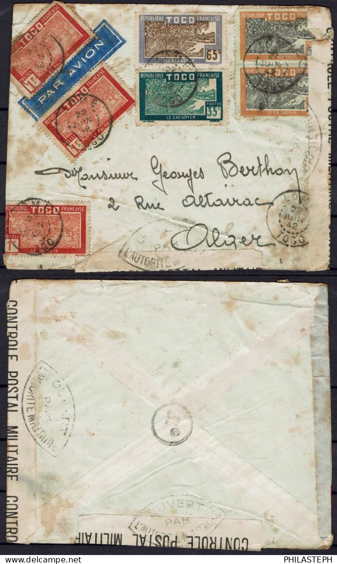 TOGO - Enveloppe Sans Courrier De Lomé Pour Alger - 22 Juin 1942 - CONTROLE POSTAL MILITAIRE - ROUSSEURS - Briefe U. Dokumente