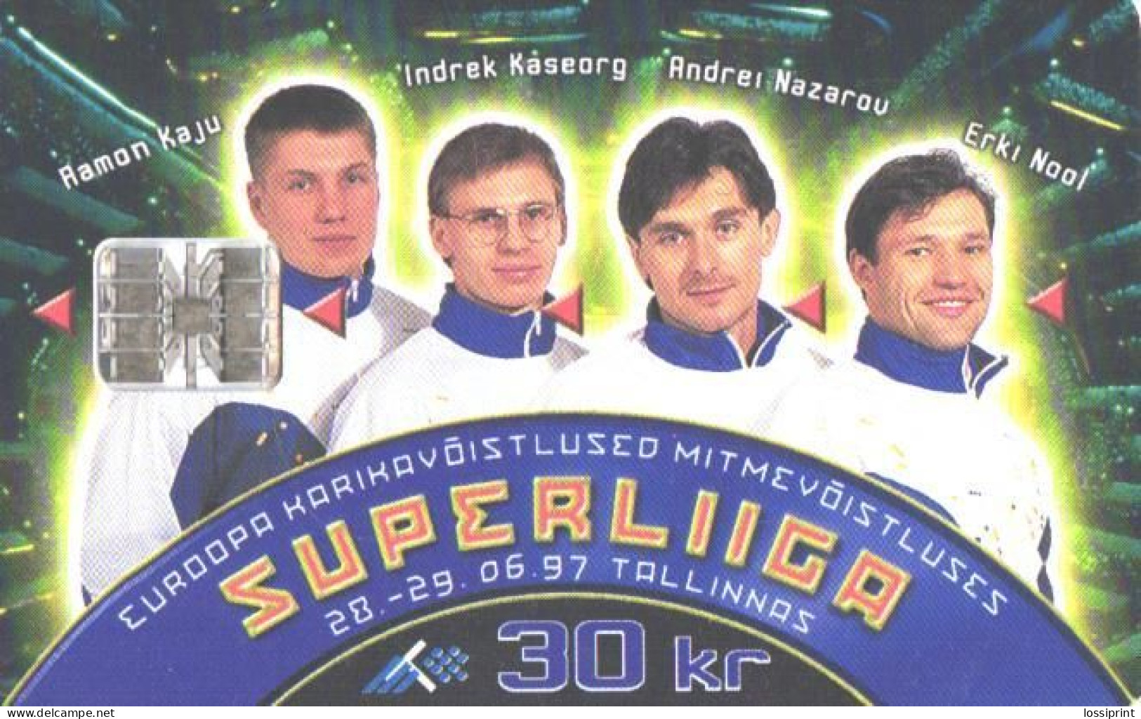 Estonia:Used Phonecard, Eesti Telefon, 30 EEK, Super League, Olympig Champion Erki Nool, Decathlon, 1997 - Sport