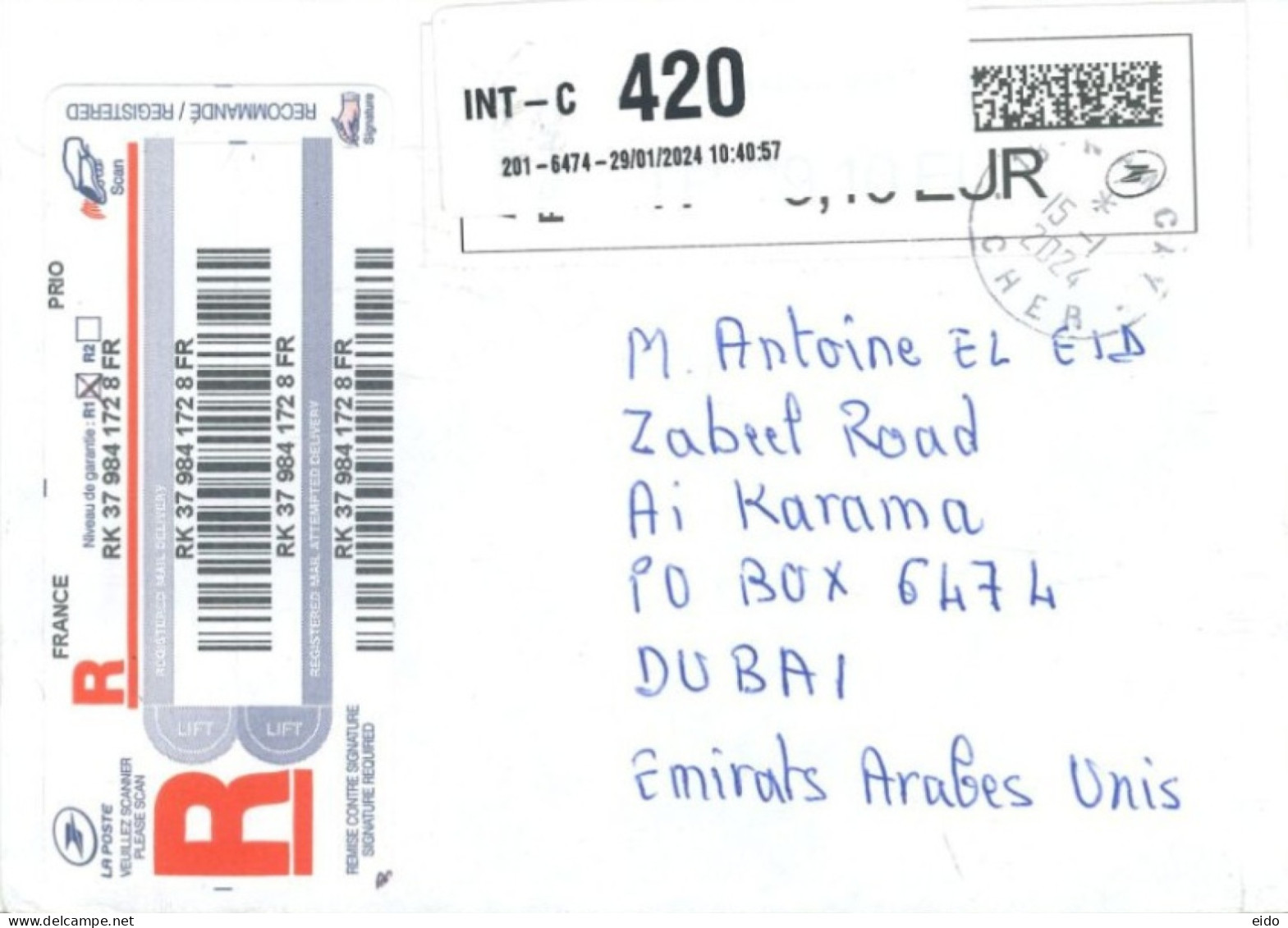 FRANCE - 2024 - REGISTERED POSTAL LABEL COVER TO DUBAI. - Lettres & Documents