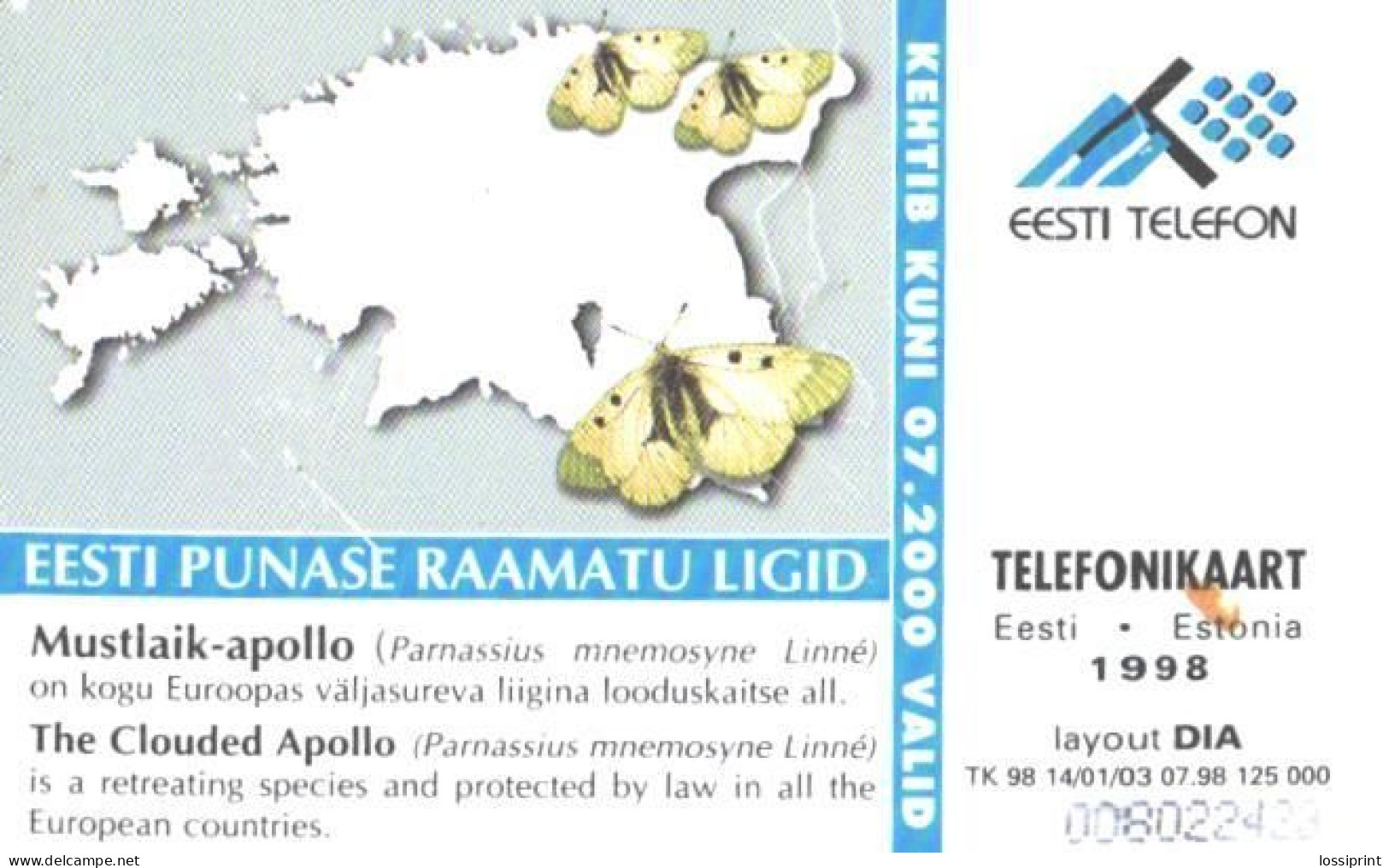 Estonia:Used Phonecard, Eesti Telefon, 30 EEK, Butterfly, Parnassius Mnemosyne Linne, 1998 - Farfalle