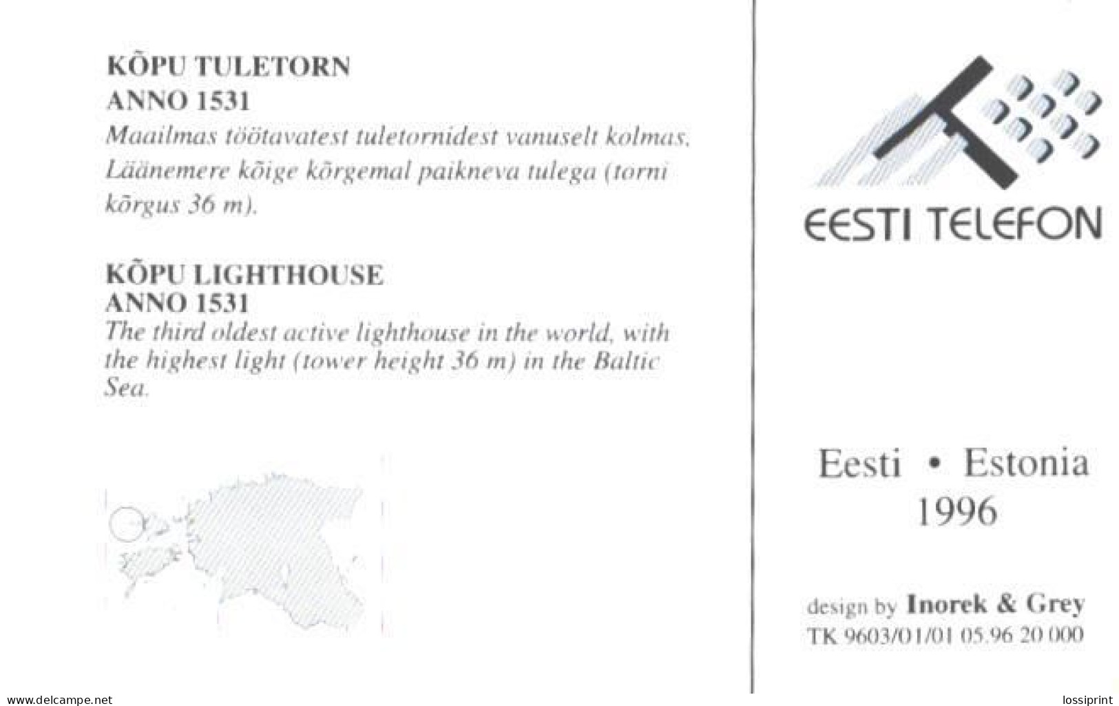 Estonia:Used Phonecard, Eesti Telefon, 30 EEK, Kõpu Lighthouse, 1996 - Vuurtorens