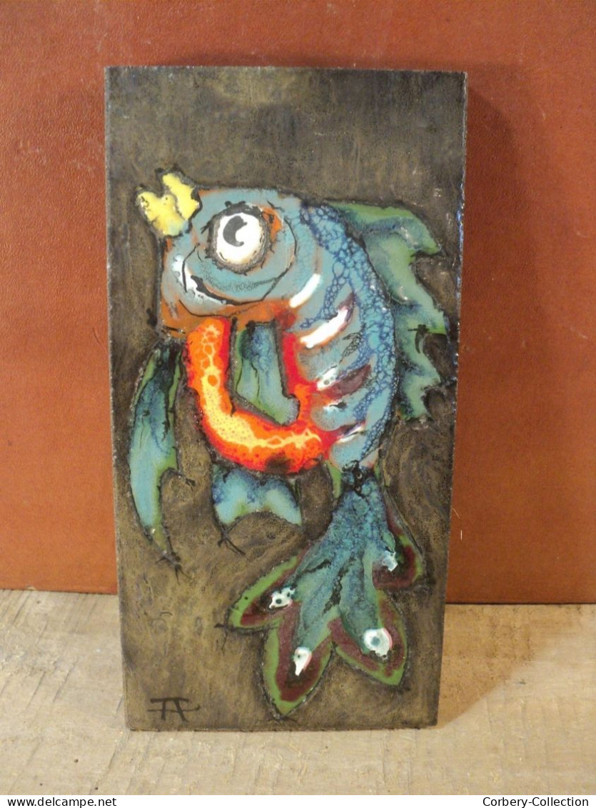 Carreau De Lave Émaillée Décor Poisson Ca1950 Vintage Signé - Non Classés