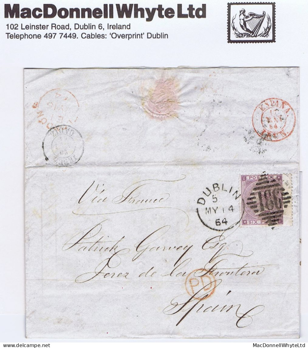 Ireland Dublin 1864 Letter To Jerez Re Wines With 6d Lilac Plate 3 Tied DUBLIN/186 Duplex, ESPANA IRUN Border Cds - Covers & Documents