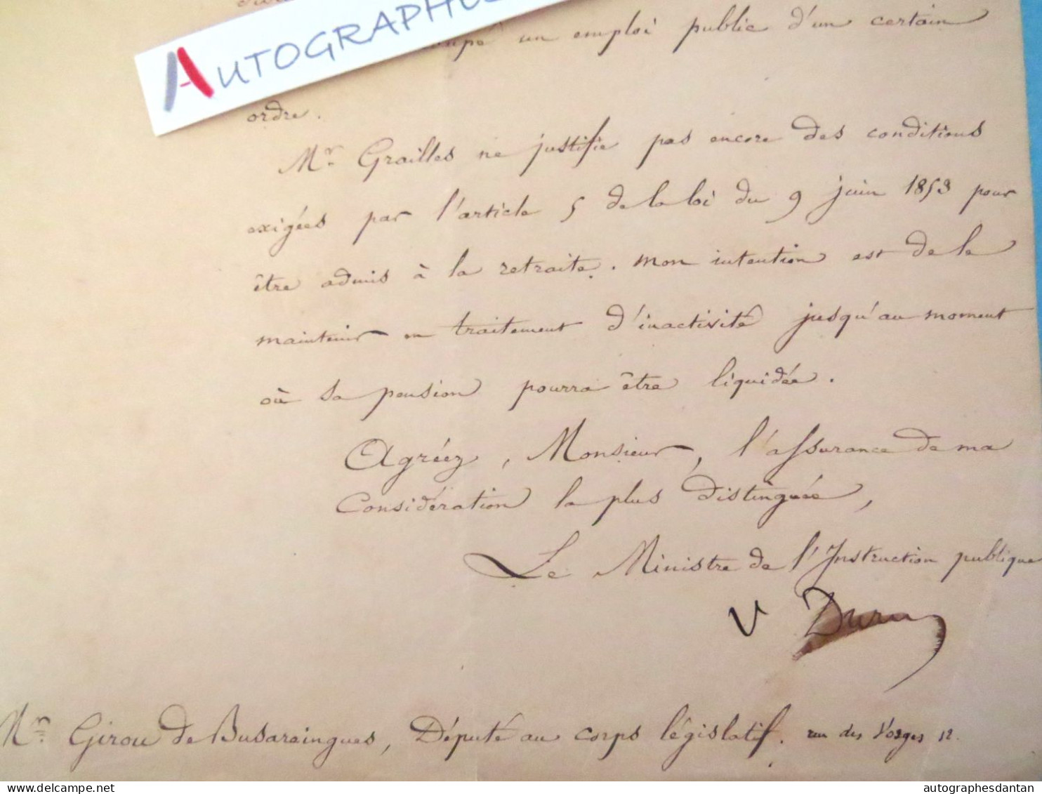 ● L.A.S 1865 Victor DURUY Ministre Instruction Publique à Louis Girou De Buzareingues Député Aveyron - GRAILLES Lettre - Politico E Militare