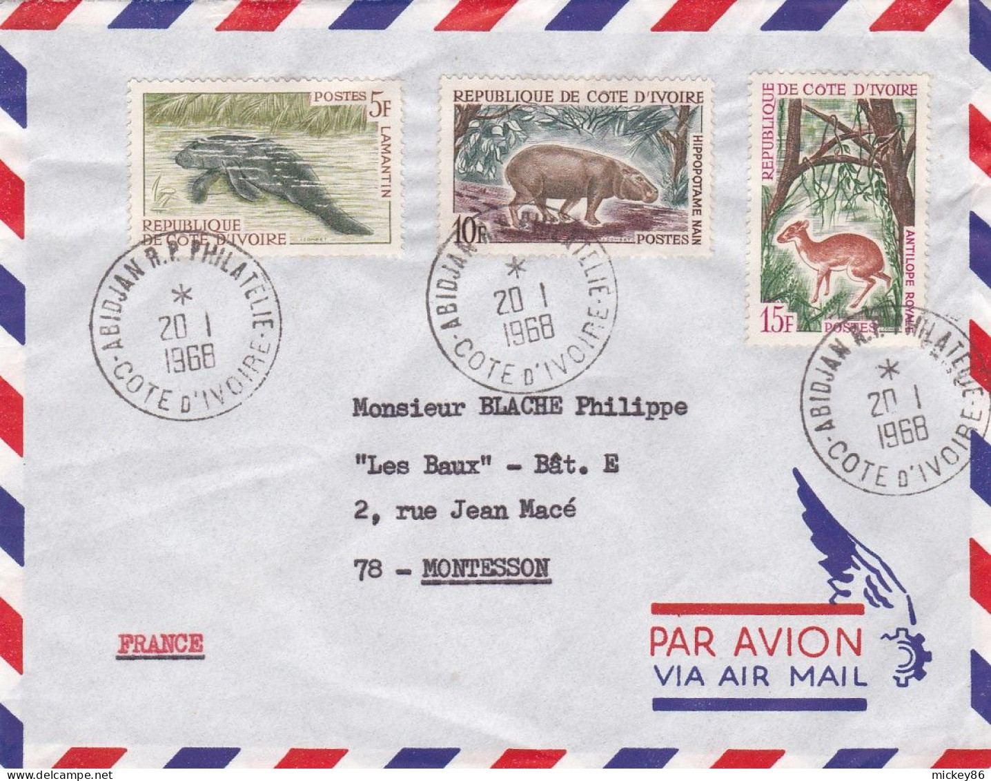 COTE D'IVOIRE--1968--Lettre D' ABIDJAN  Pour MONTESSON-78 ..timbres (animaux)  Sur Lettre.....cachets - Côte D'Ivoire (1960-...)