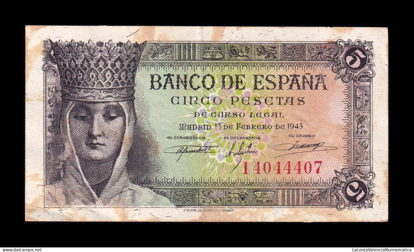 España Spain 5 Pesetas Isabel I De Castilla 1943 Pick 127 Serie I Mbc Vf - 5 Pesetas