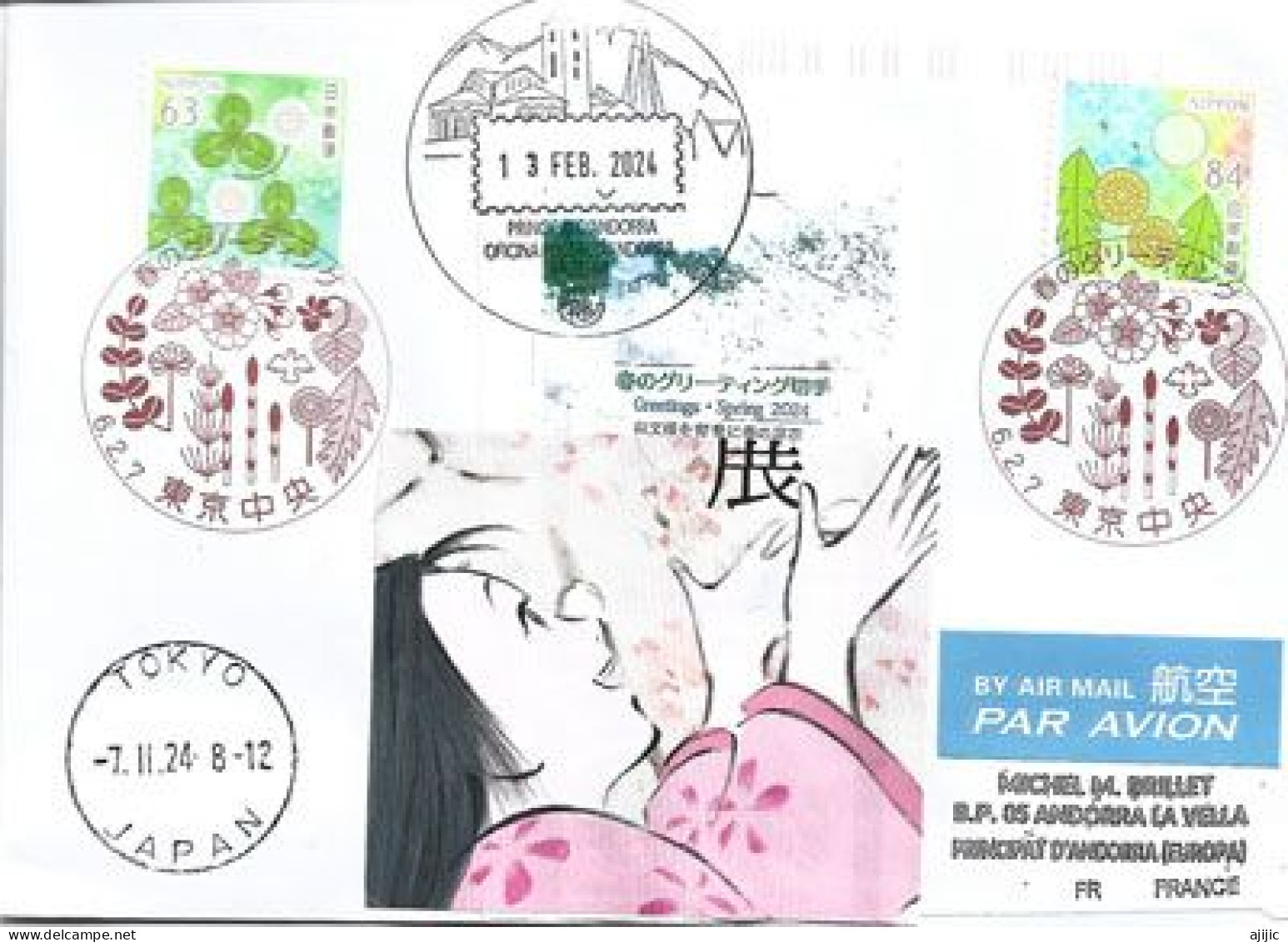 "Greetings Spring 2024", Letter From  Tokyo To Andorra , With Illustrated Arrival Postmark - Covers & Documents