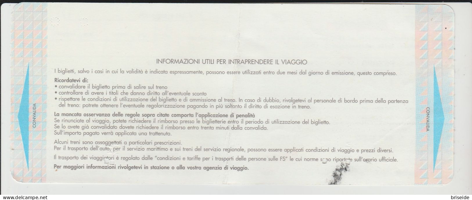 FERROVIE DELLO STATO  BIGLIETTO TRENO PESARO LIDO CLASSE RAVENNA  8/07/99 - Europe