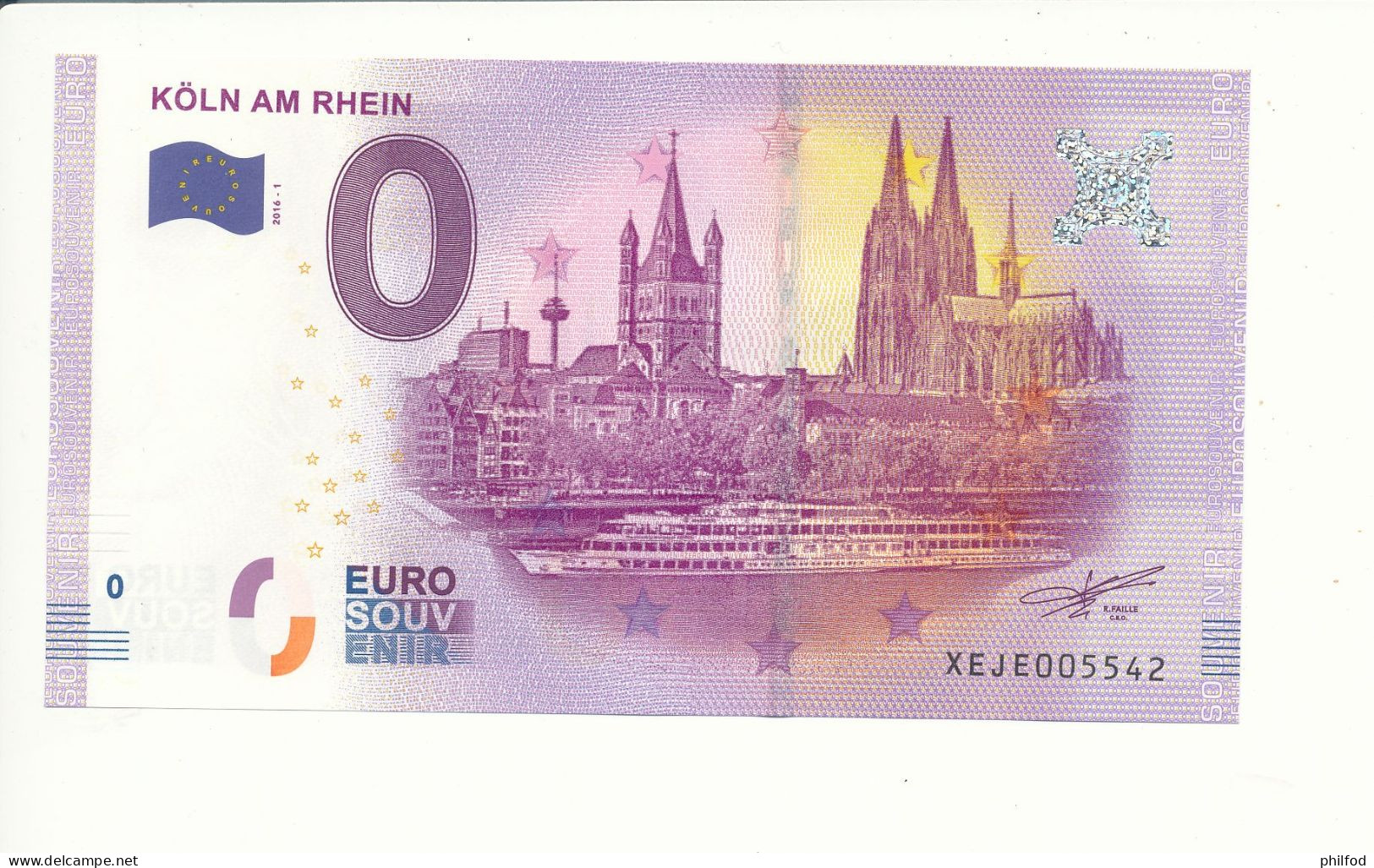 Billet Souvenir - 0 Euro - XEJF - 2016 - 1 - KÖLN AM RHEIN - N° 5542 - Billet épuisé - Vrac - Billets