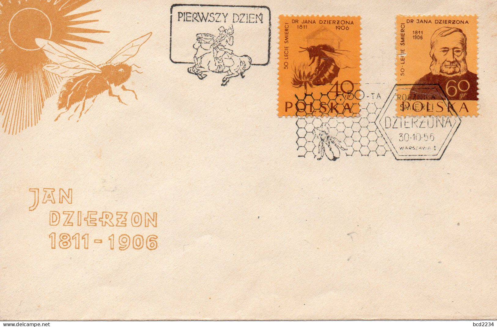 POLAND 1956 FDC JAN DZIERZON BEEKEEPER NHM Bees Insects - Abeilles