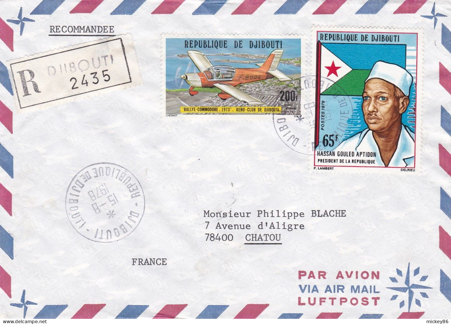 DJIBOUTI-1978-Lettre Recommandée  De DJIBOUTI Pour CHATOU-78-Composition De Timbres (avion,président) Sur Lettre..cachet - Dschibuti (1977-...)