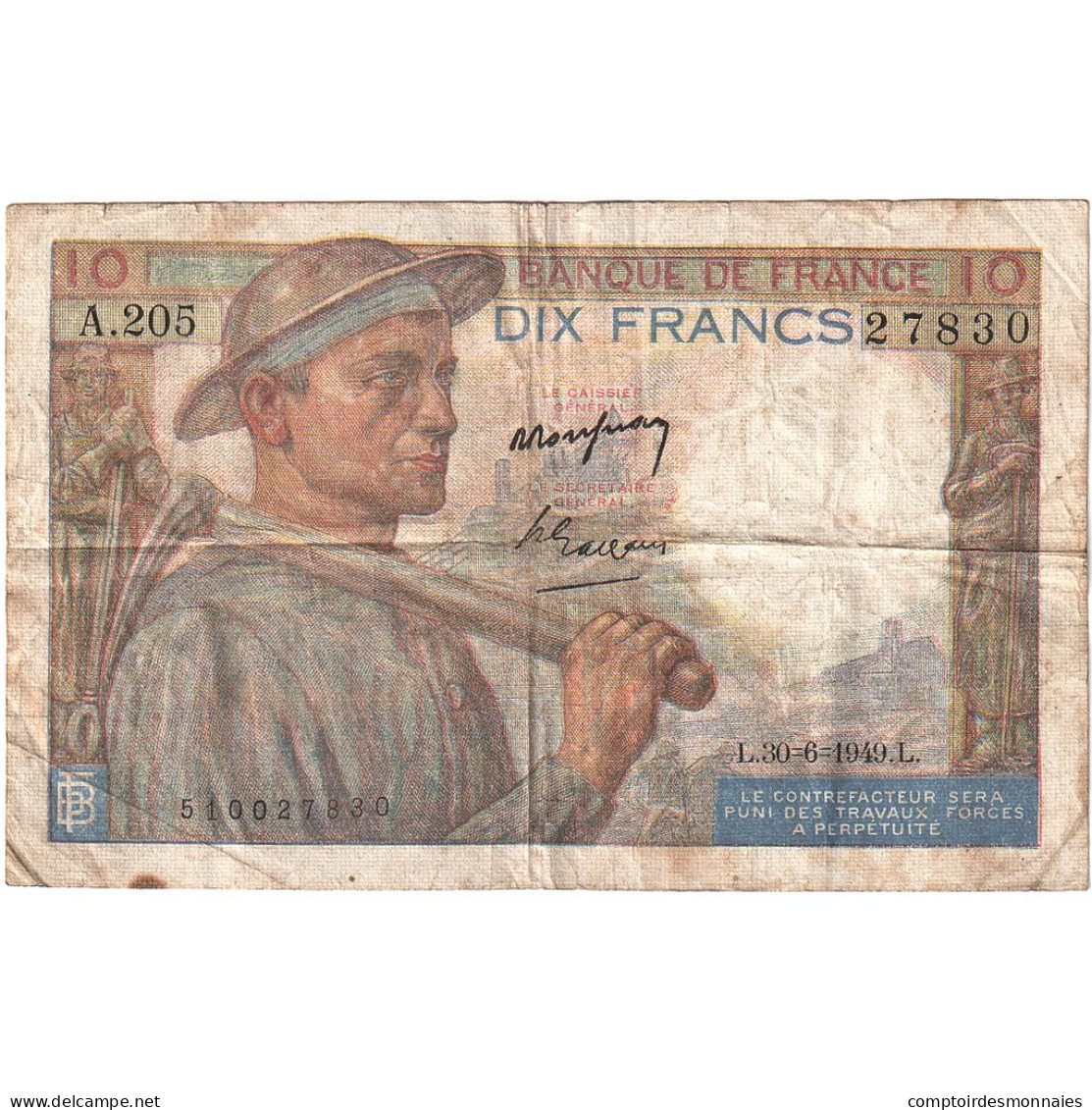 France, 10 Francs, 1949, A.205, B, Fayette:8.22, KM:99f - 10 F 1941-1949 ''Mineur''