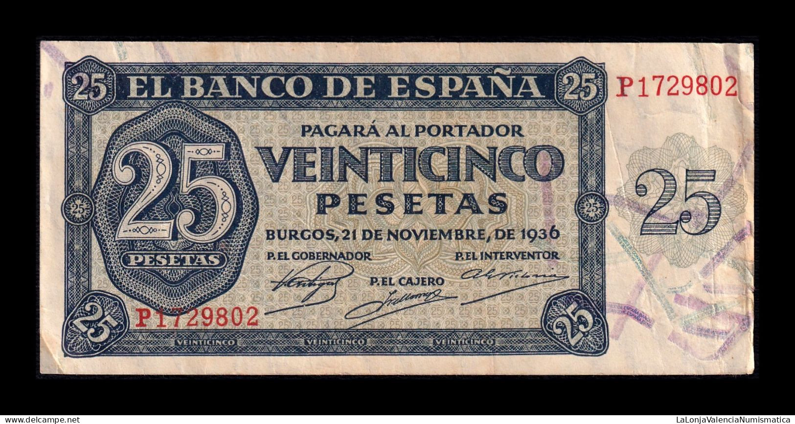 España Spain 25 Pesetas Burgos 1936 Pick 99 Serie P Mbc Vf - 25 Pesetas