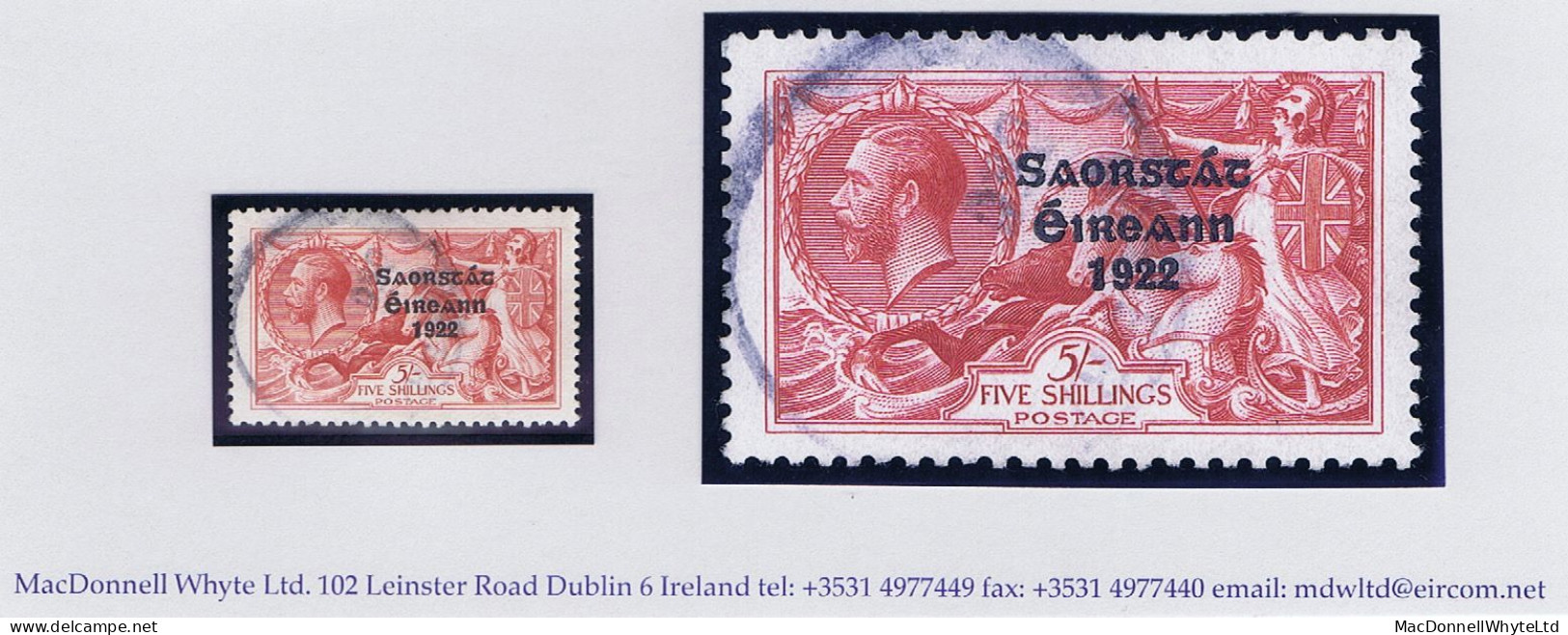 Ireland 1925 Narrow Date Saorstat Ovpt On Seahorse 5s Rose-red, Fresh Well-centred Used With Light Parcel Cds - Gebruikt
