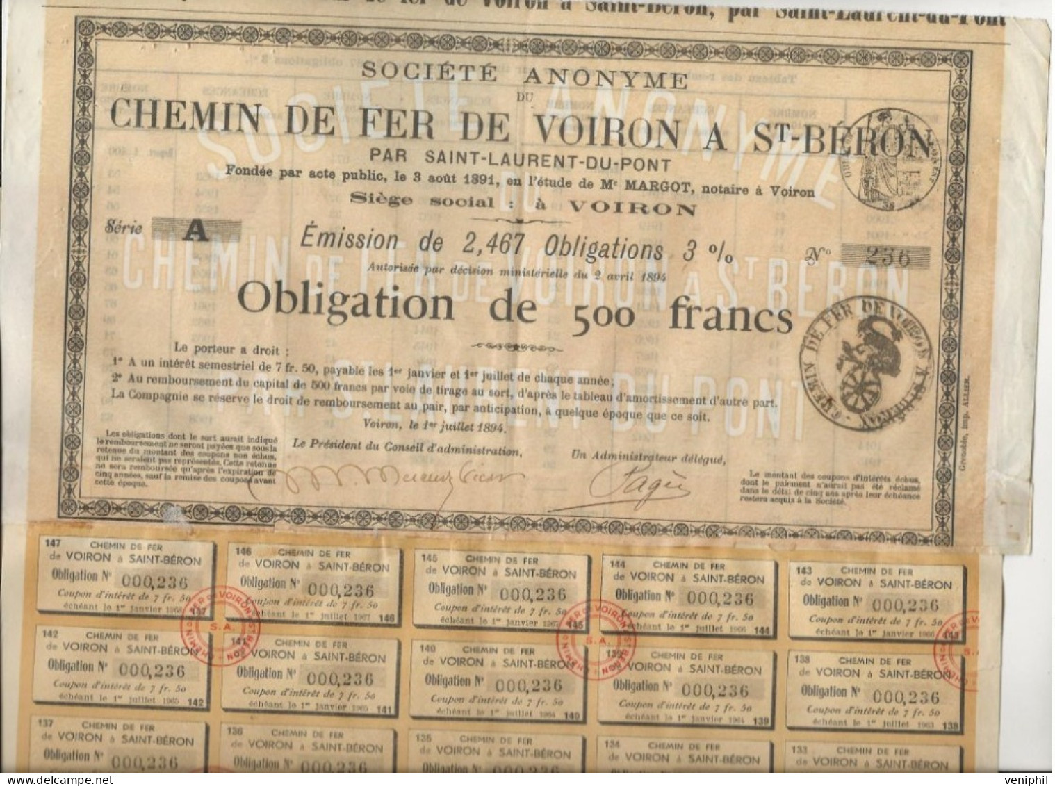 CHEMIN DE FER DE VOIRON A ST -BERON-PAR ST - LAURENT -DU- PONT -OBLIG DE 500 FRS -EMISSION  2,467 OBLIGATIONS 3ù 1894 - Railway & Tramway