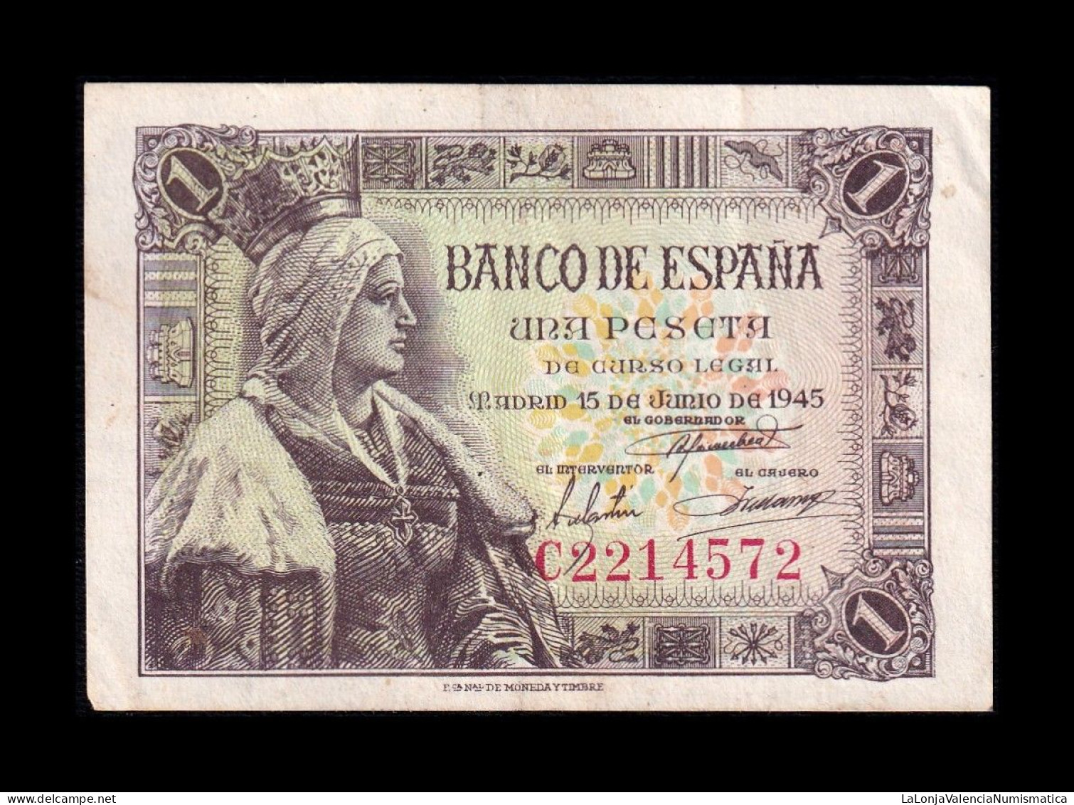 España Spain 1 Peseta Isabel I De Castilla 1945 Pick 128 Serie C Mbc/Ebc Vf/Xf - 1-2 Peseten