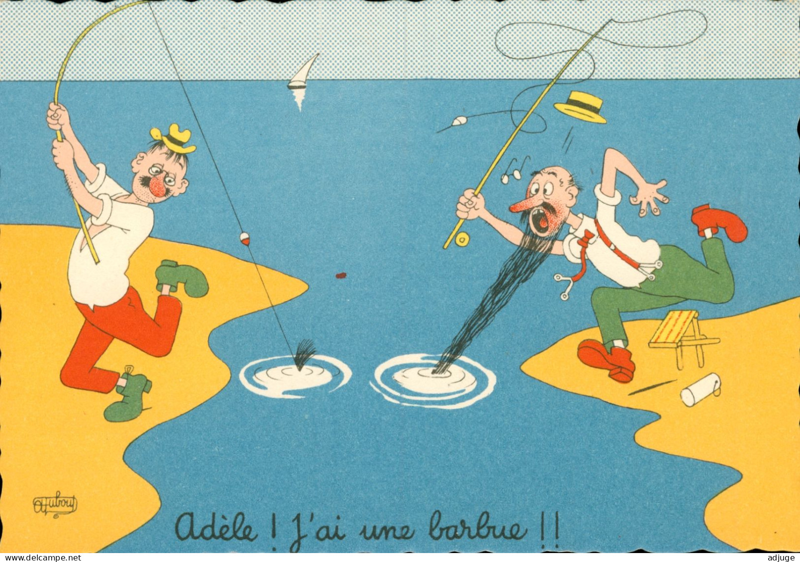 CPSM GF- DUBOUT - La Pêche à La Ligne Au Bord De La Mer -" Adèle, J'ai Une Barbue !!"   N°  34A **  2 Scans - Dubout