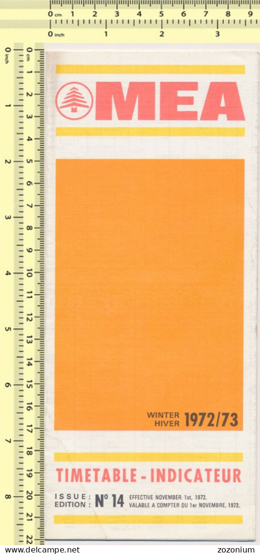 MEA MIDDLE EAST AIRLINES 1972-73 Timetable-Indicateur Old Prospect - Timetables