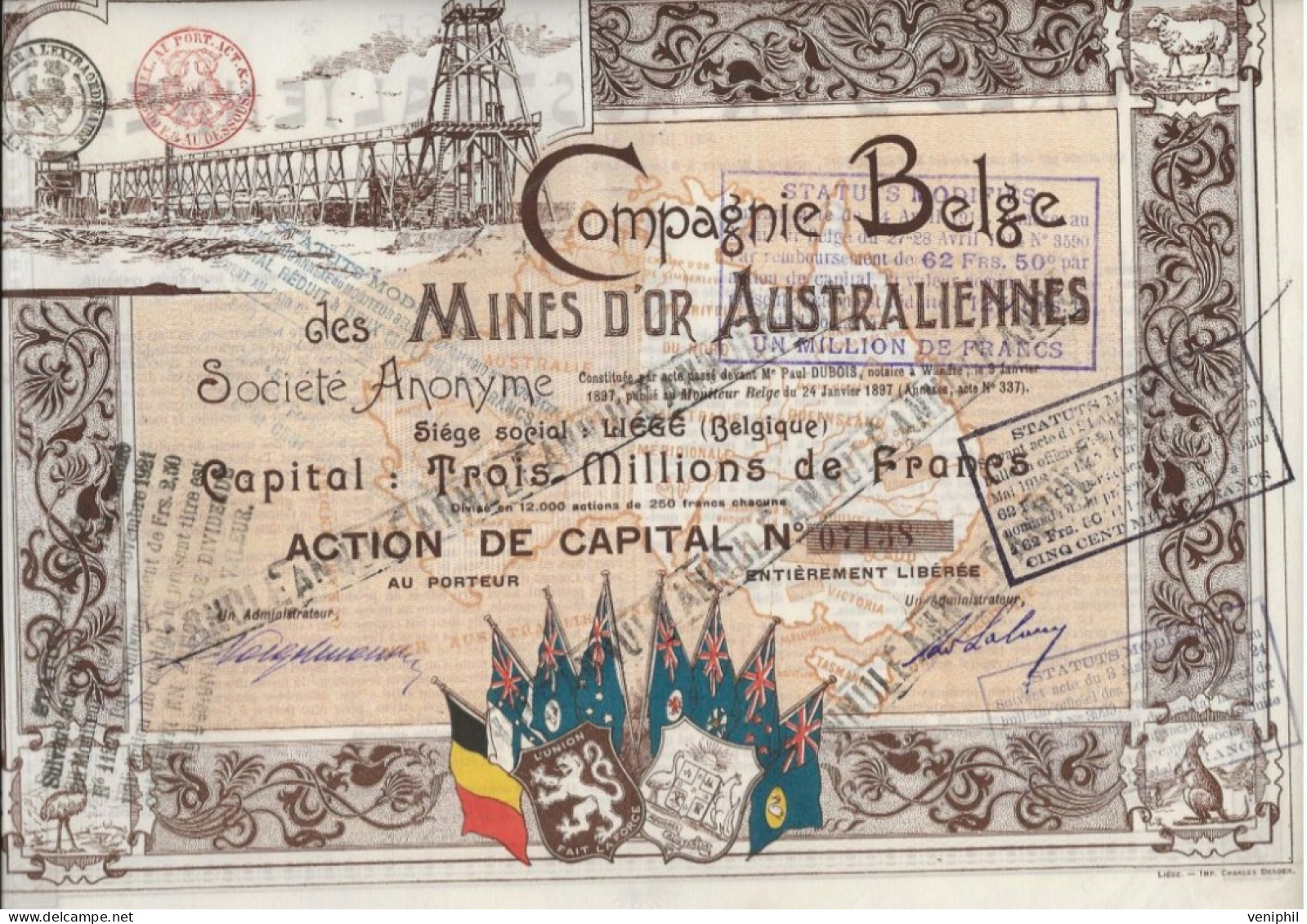 COMPAGNIE BELGE DES MINES D'OR AUSTRALIENNES -TB ACTION ILLUSTREE  DE 250 FRS - 1897 - Mijnen