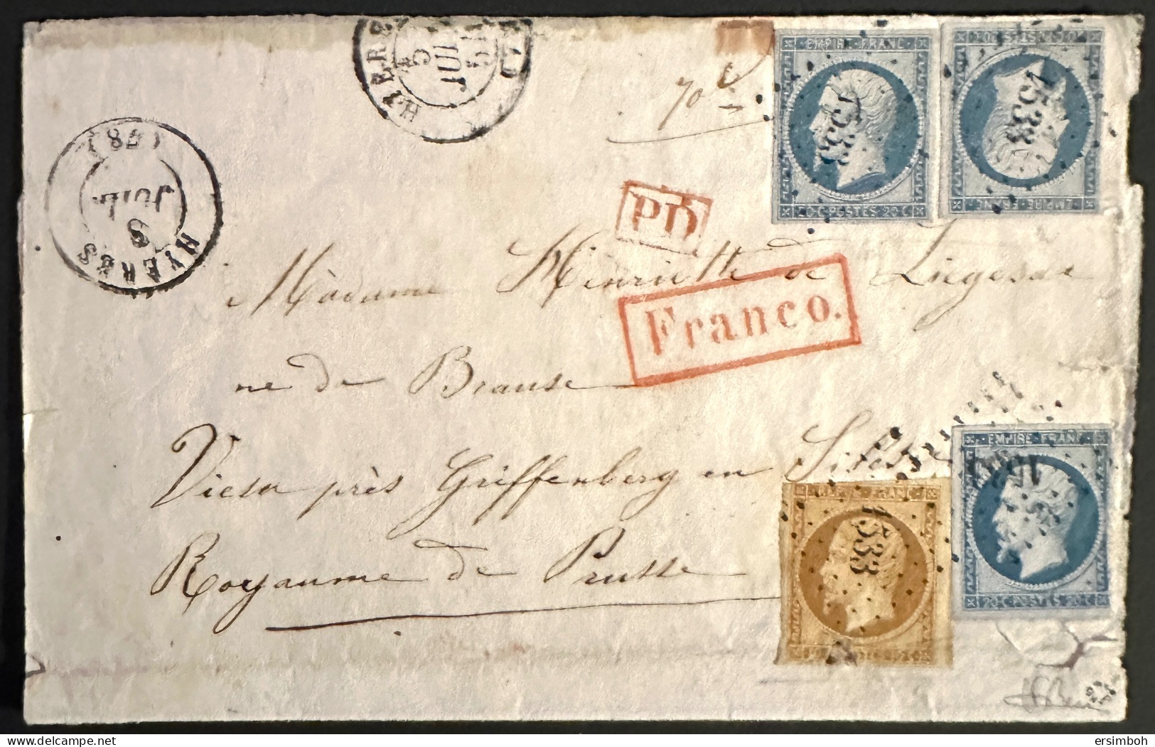 Très Rare Combinaison. LSC N9 (pd) + 3xn14 Hyeres-Prusse. Signée JF Brun Et Roumet - 1852 Luis-Napoléon