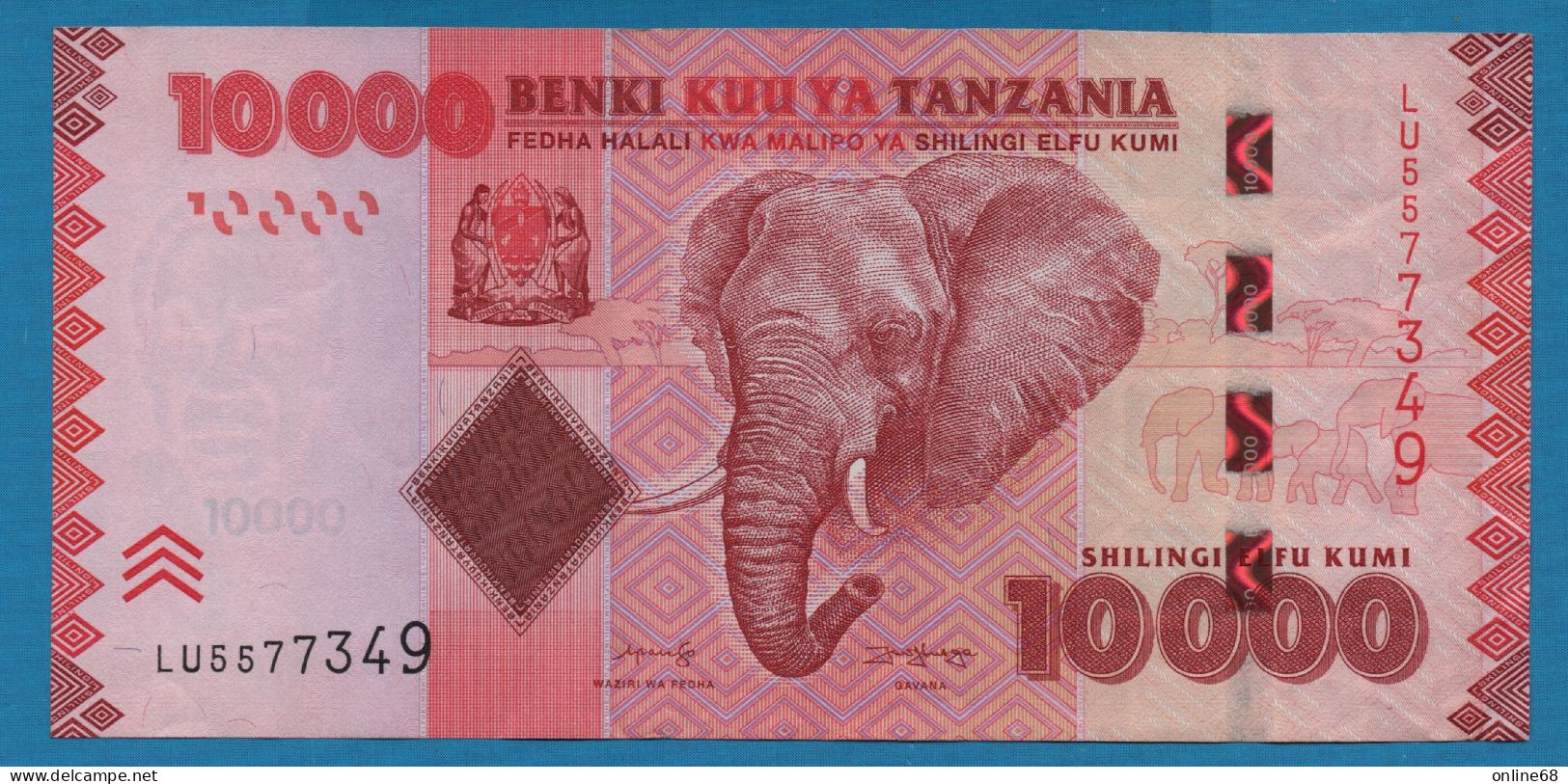 TANZANIA 10.000 SHILINGI ND (2010-2020) # LU5577349 P# 44 Elephant - Tanzanie