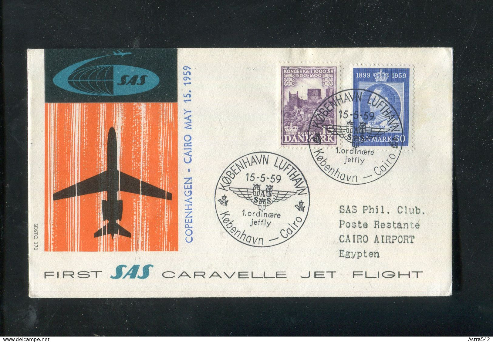 "DAENEMARK" 1959, SAS-Erstflugbrief "Kopenhagen-Cairo" (50123) - Luchtpostzegels