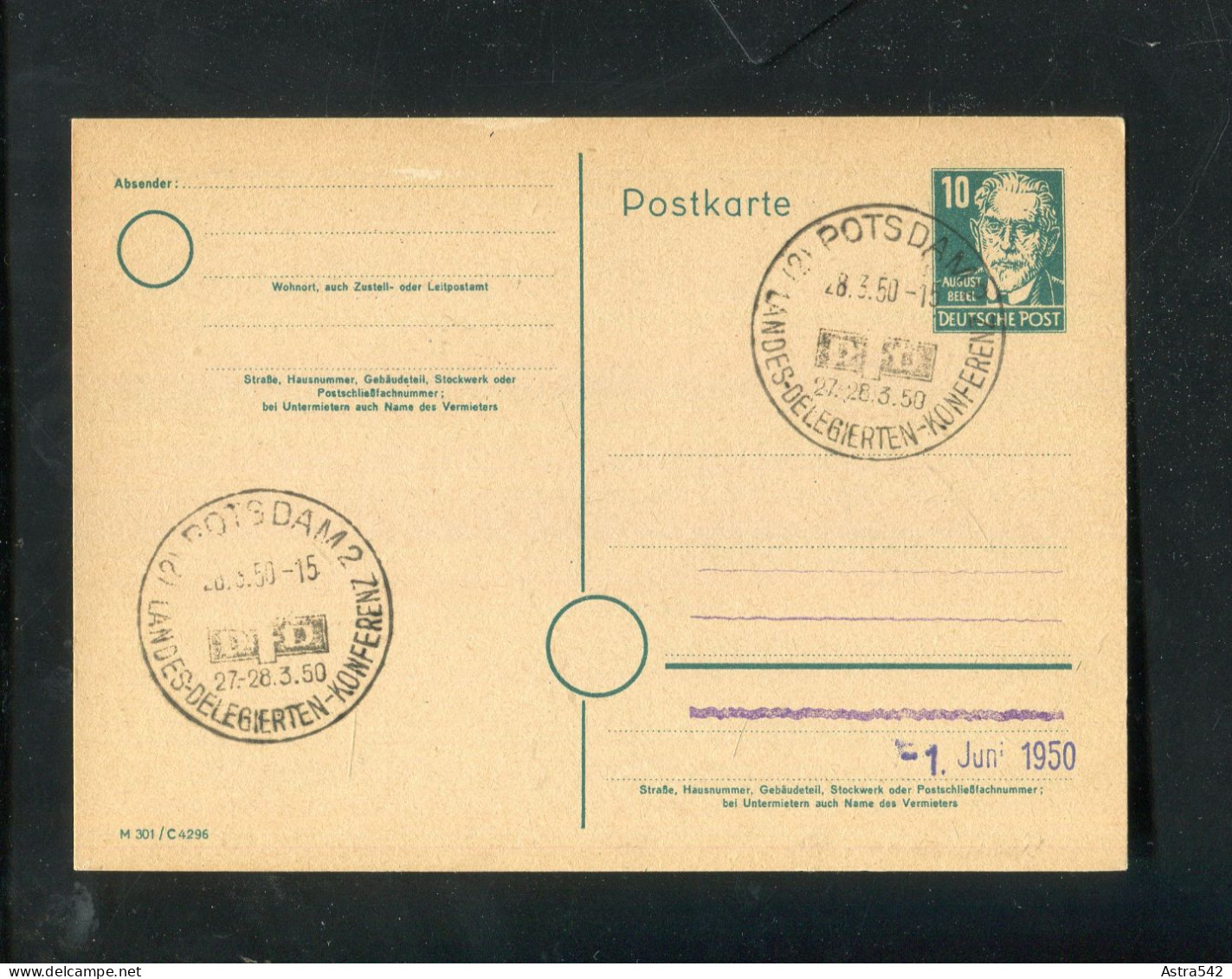 "SBZ" 1950, Postkarte Mi. P 35/03 SSt. "POTSDAM, DPD-Landes-Delegierten-Konferenz" (50124) - Postal  Stationery