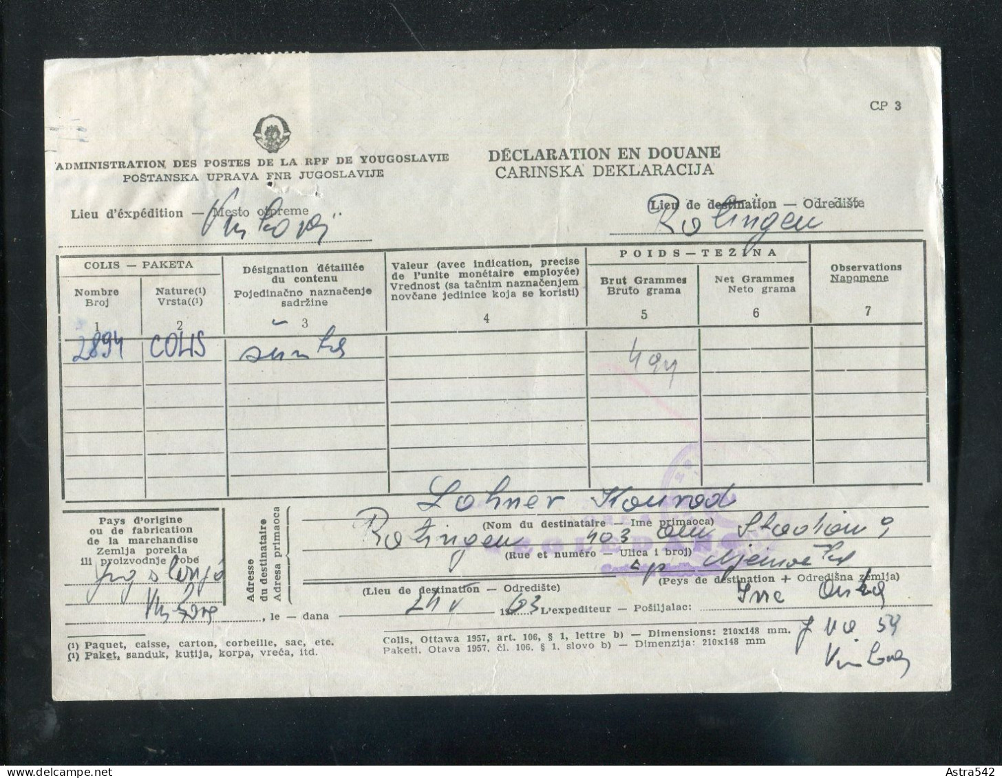 "JUGOSLAWIEN" 1963, Zoll-Deklaration, Rueckseits Briefmarken (50133) - Brieven En Documenten