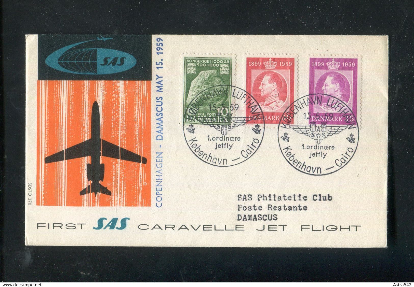 "DAENEMARK" 1959, SAS-Caravelle-Erstflugbrief "Copenhagen-Damascus" (50143) - Poste Aérienne